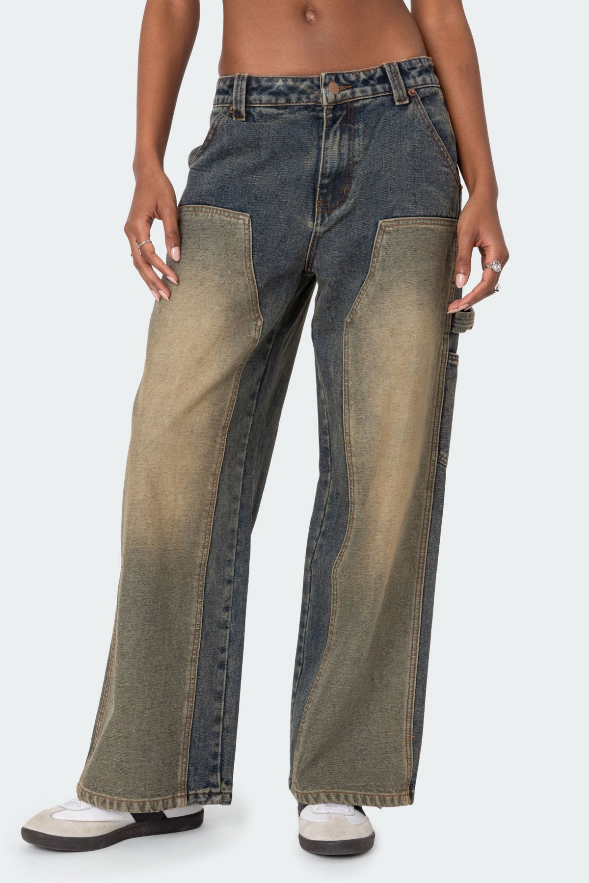 Contrast Panel Washed Mid Rise Baggy Jeans - Image 2