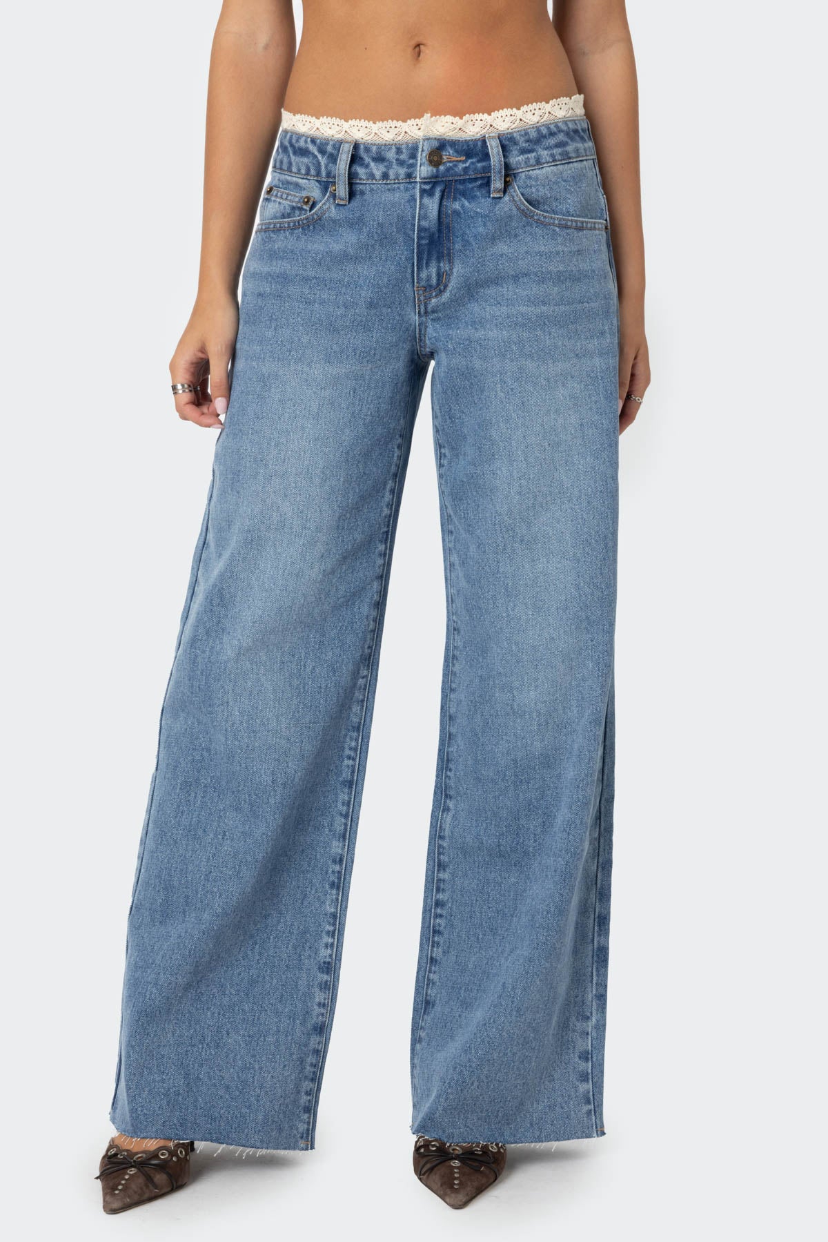 Karlie Peekaboo Lace Low Rise Baggy Jeans - Image 2