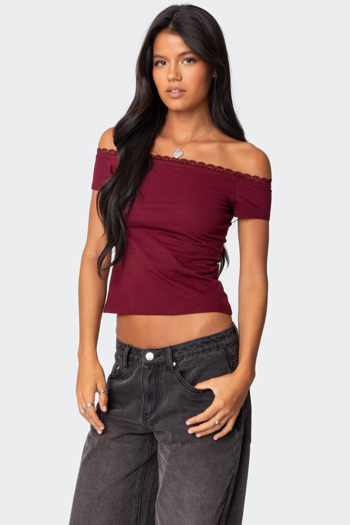 Xoe Off Shoulder Lace Trim Top - Image 3