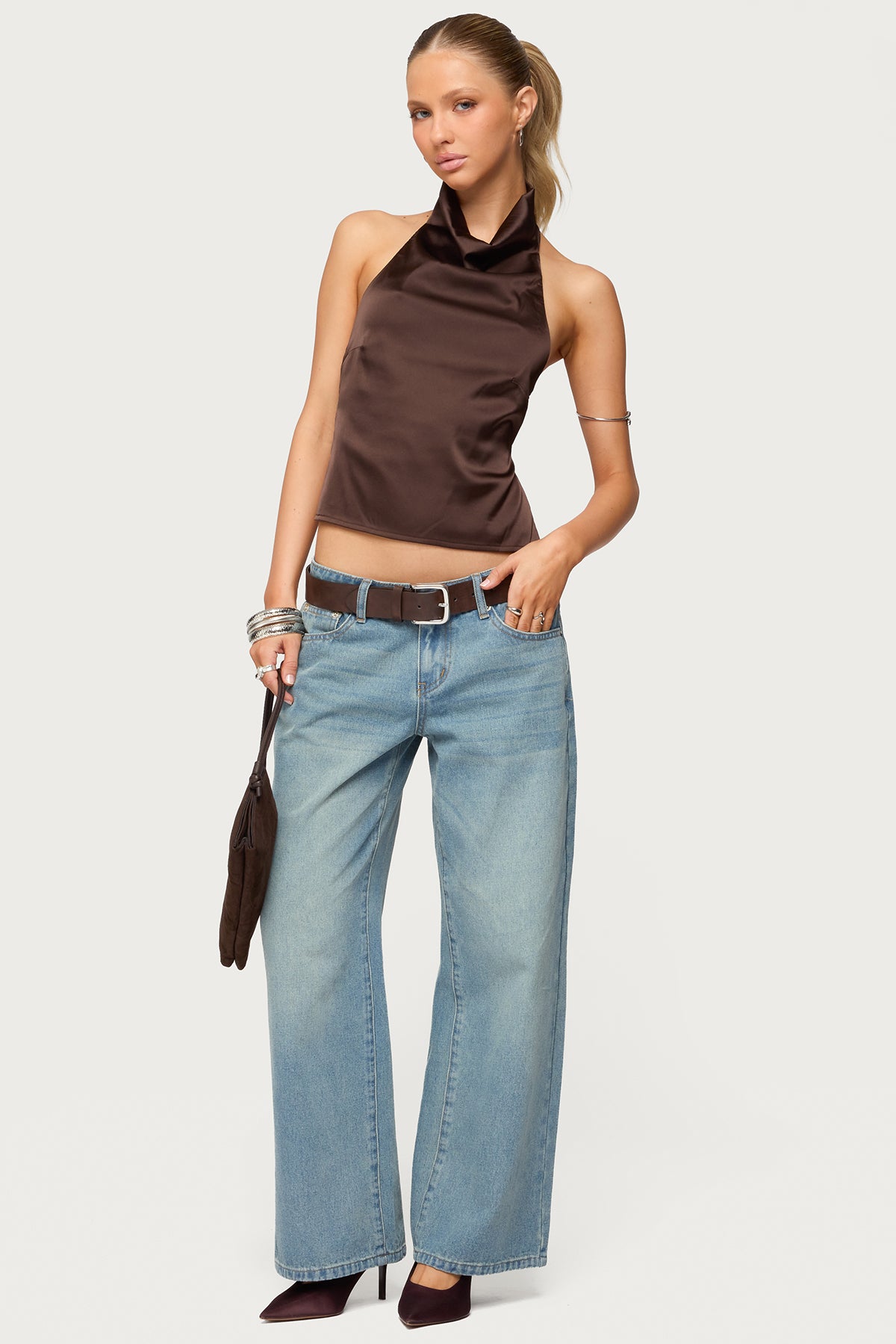 Satin Effect Backless Cowl Neck Top - Image 3