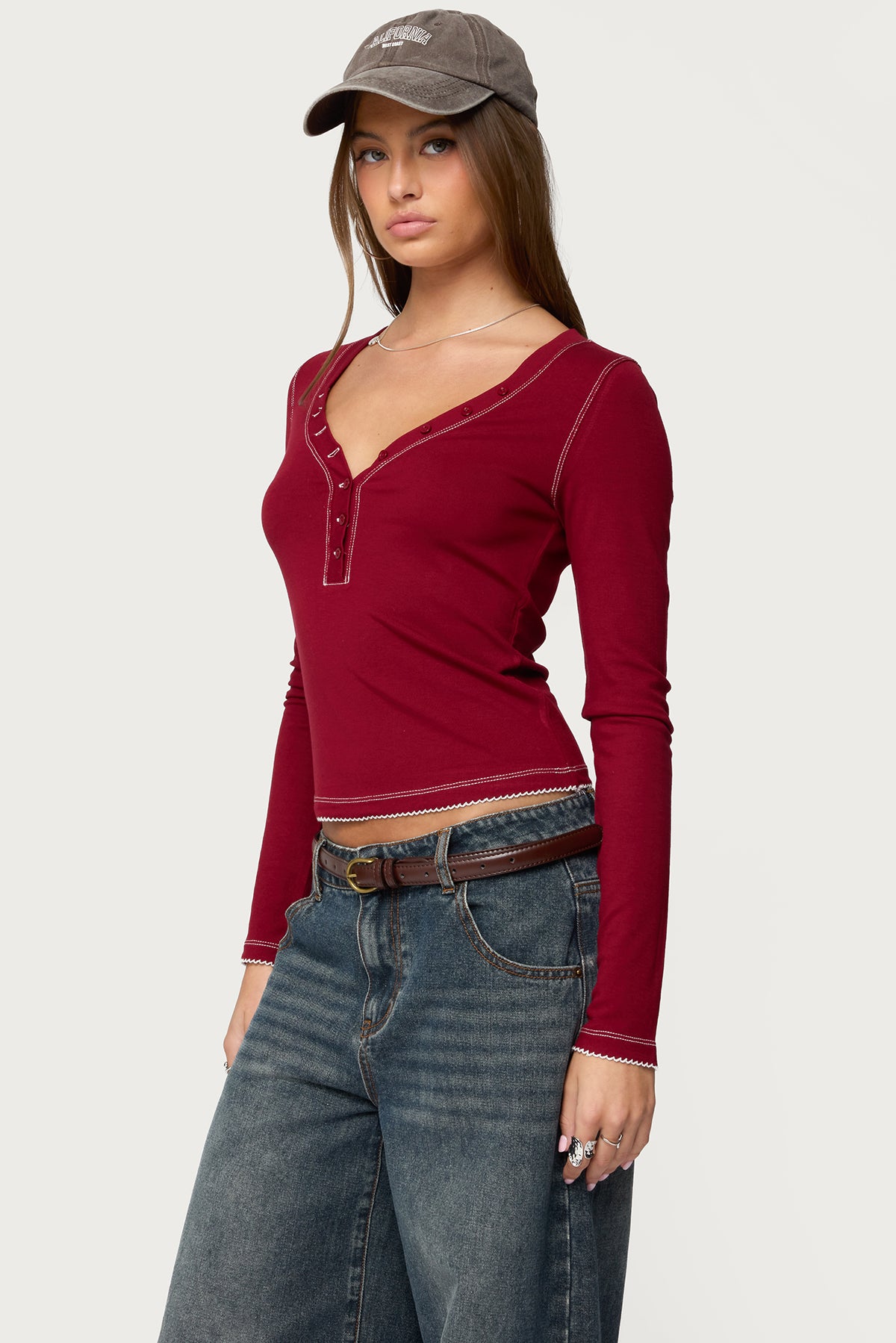 Yael Contrast Stitch Henley Top - Image 3