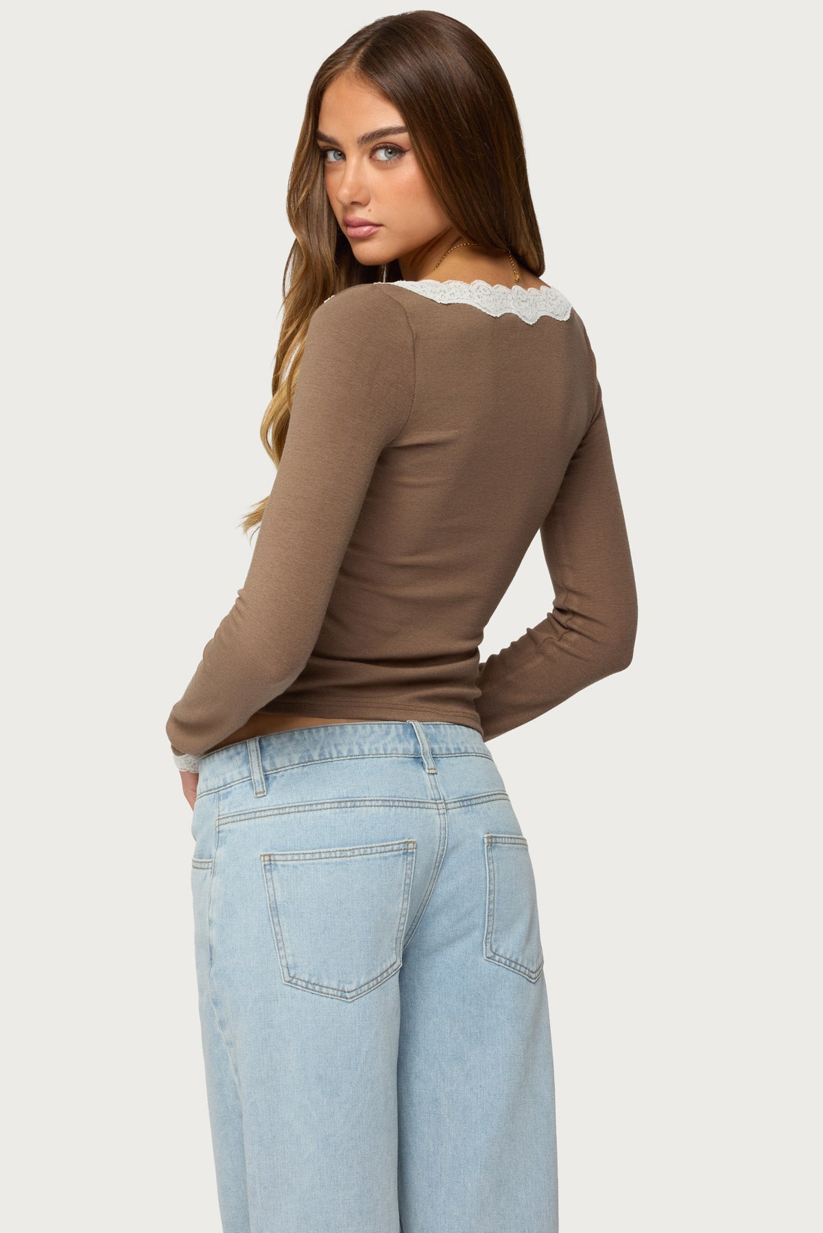 Contrast Lacey Long Sleeve Top - Image 5