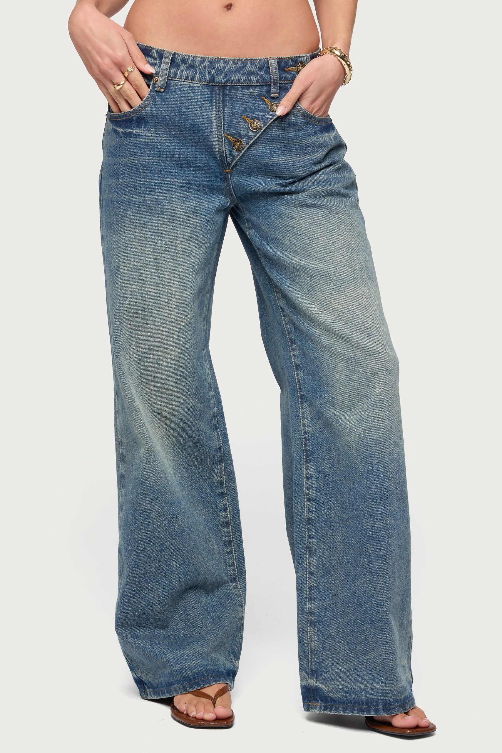 Moxlan Slanted Button Low Rise Baggy Jeans - Image 3