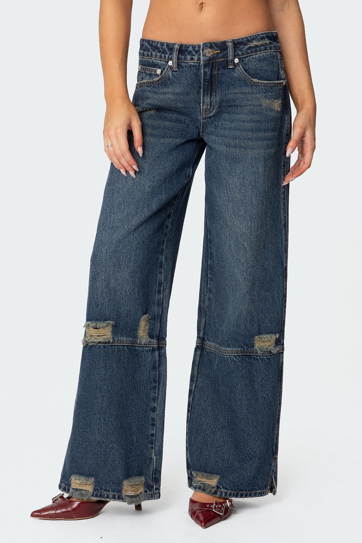Slitted Distressed Low Rise Baggy Jeans - Image 2