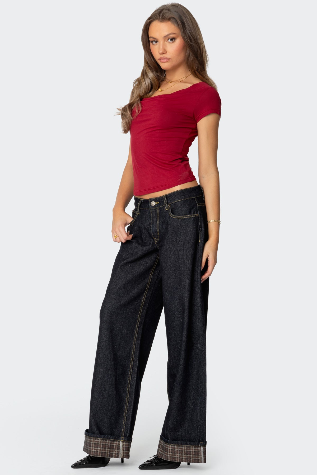 Plaid Cuffed Low Rise Baggy Jeans - Image 3