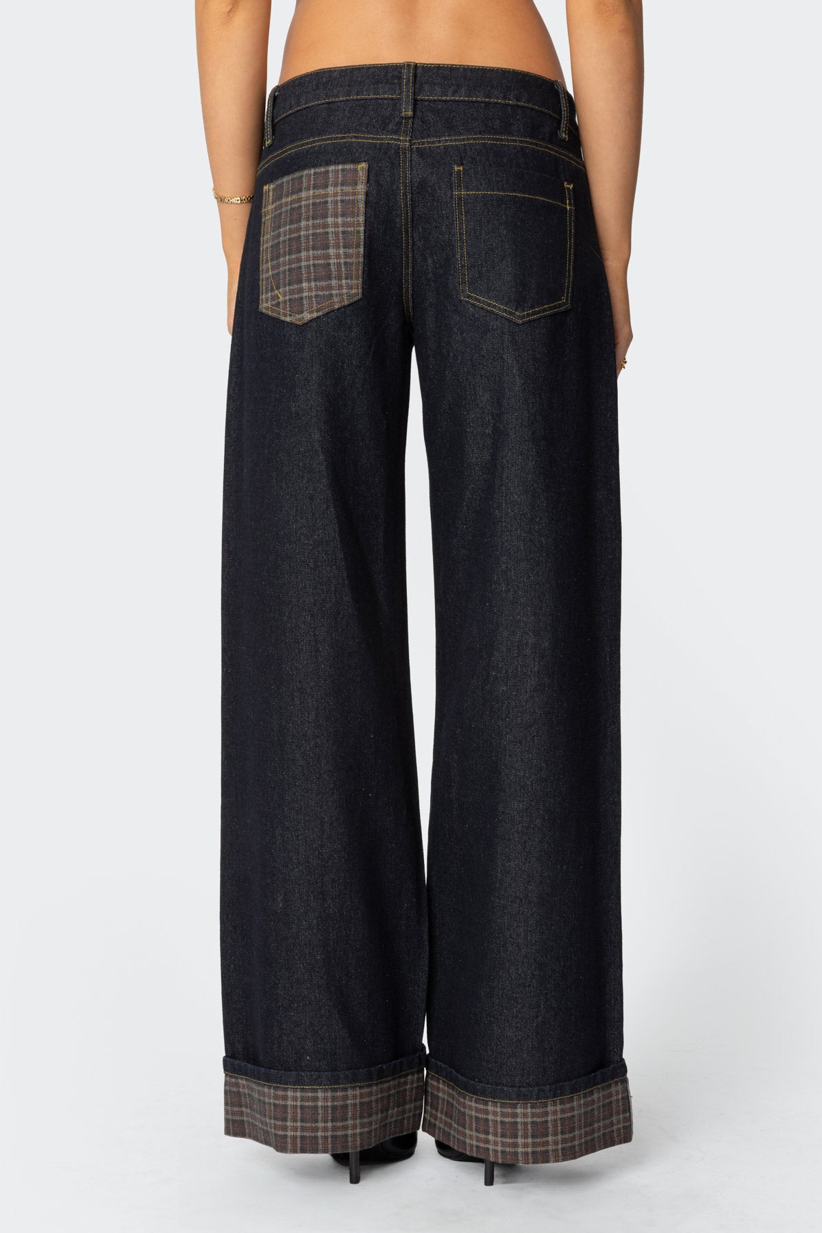 Plaid Cuffed Low Rise Baggy Jeans - Image 2