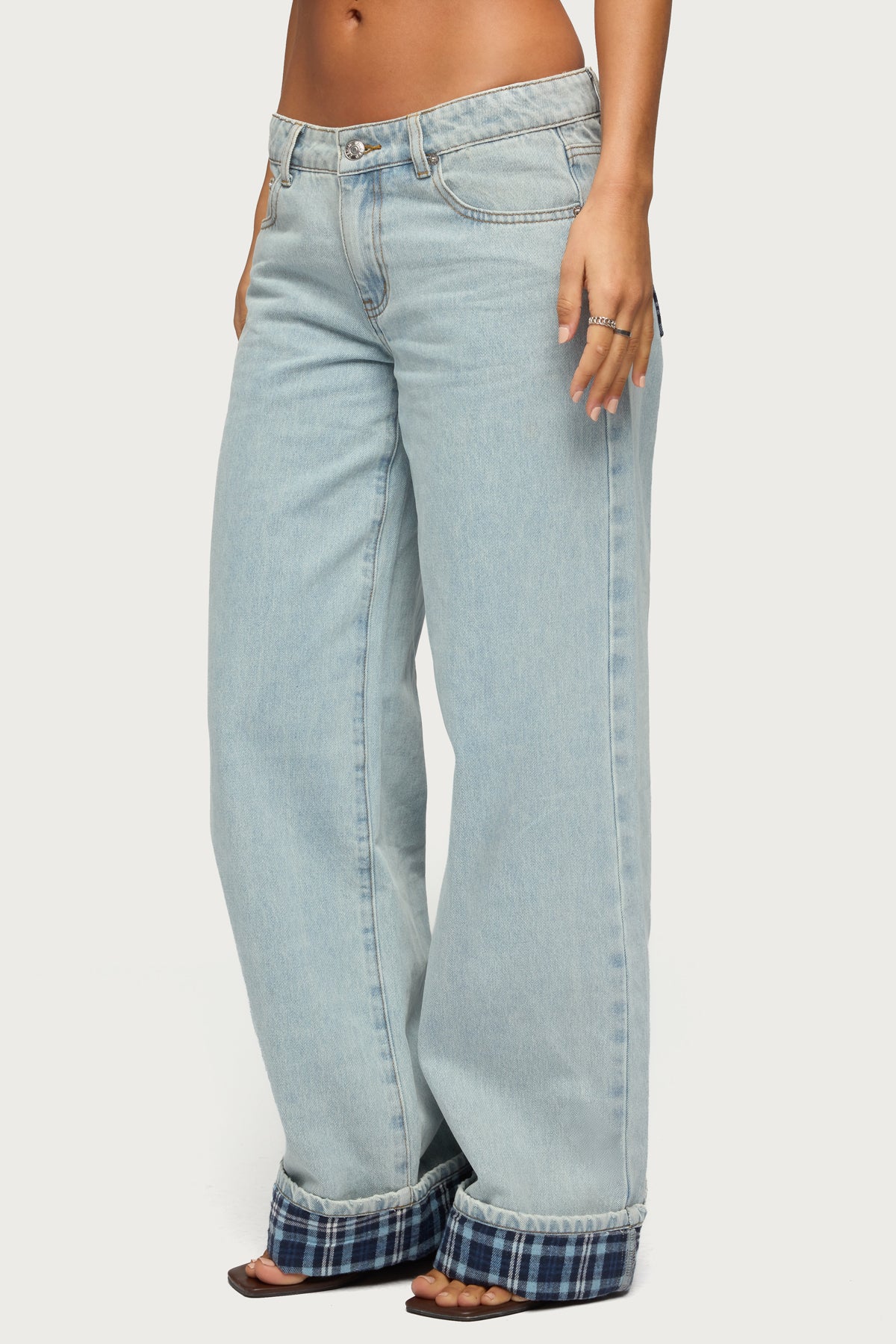 Plaid Cuffed Low Rise Baggy Jeans - Image 3