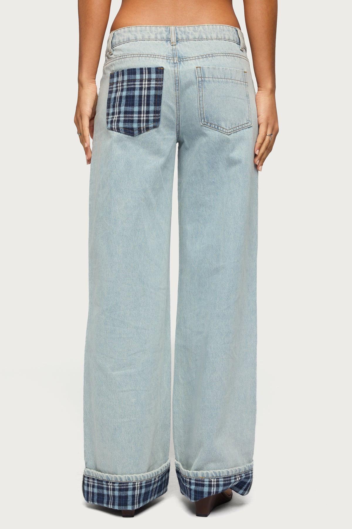 Plaid Cuffed Low Rise Baggy Jeans - Image 4