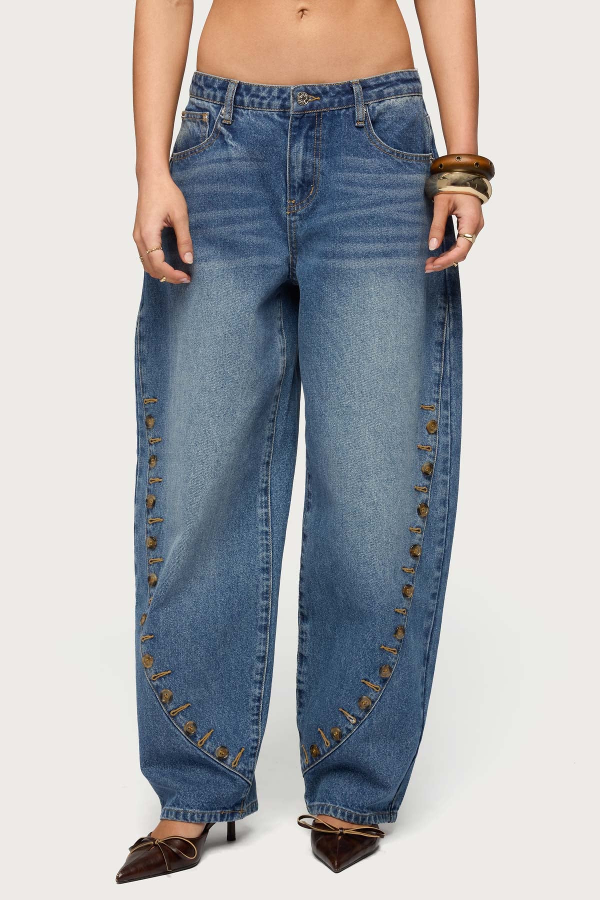 Button Stitch Low Rise Barrel Jeans - Image 2