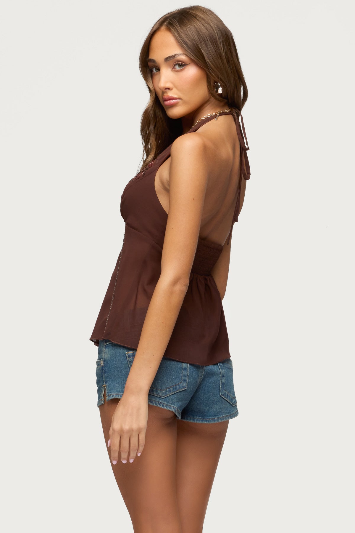 Lani Sequin Bead Chiffon Halter Top - Image 4
