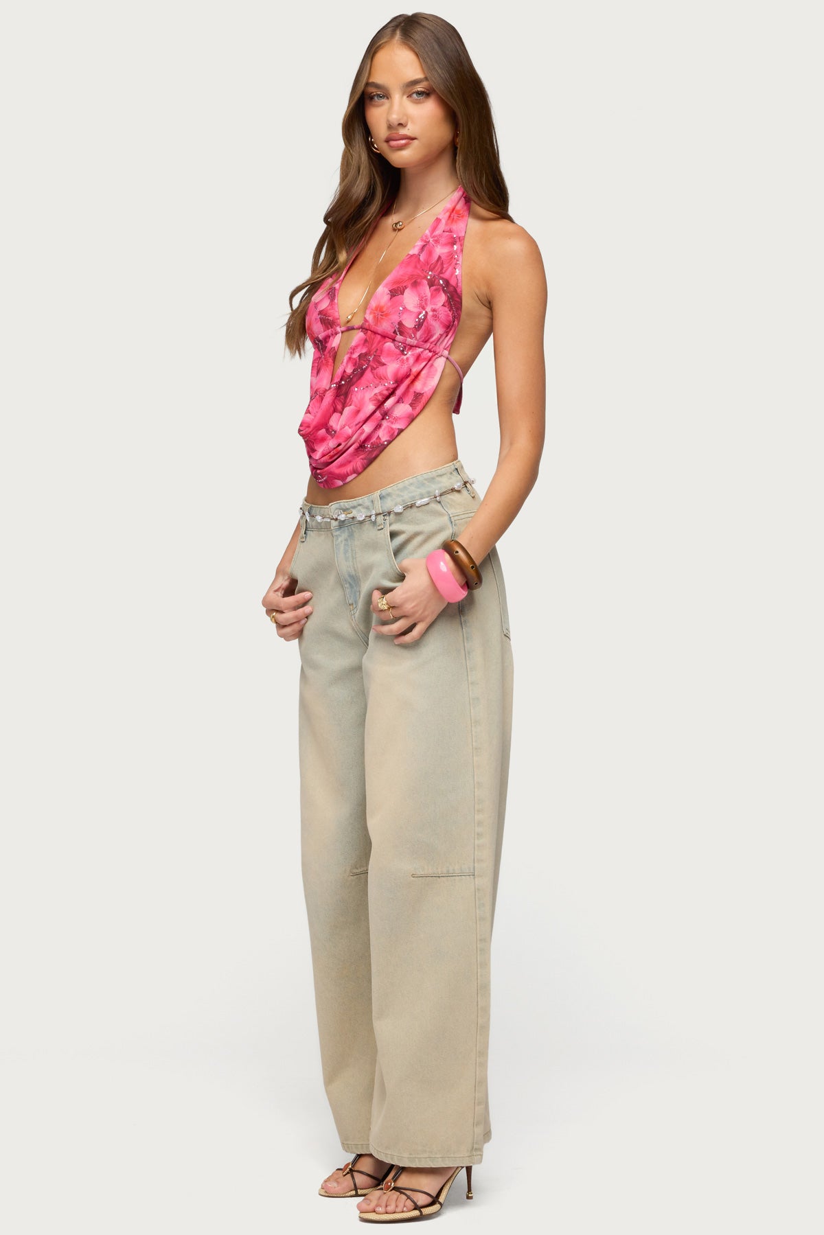Floral Mesh Backless Cowl Neck Top - Image 4
