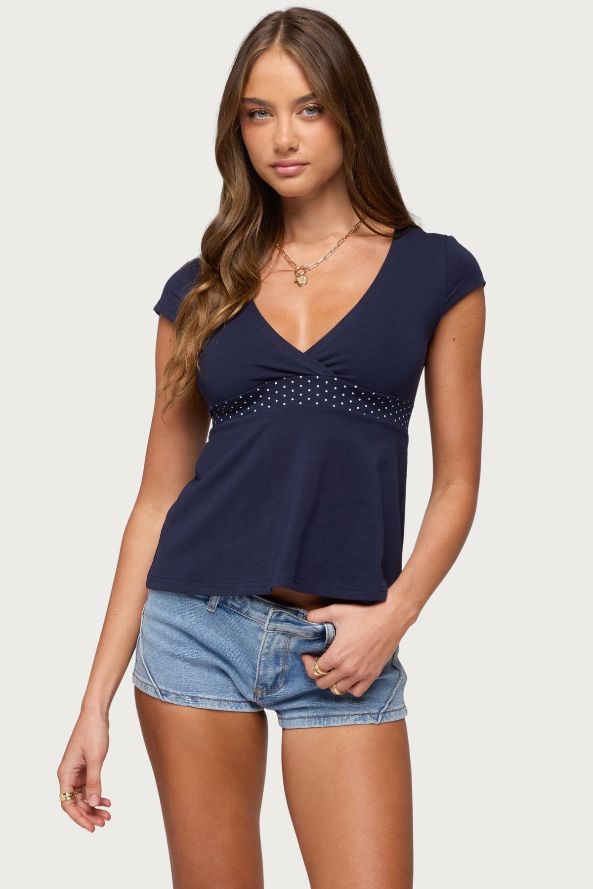 Indygo Polka Dot V Neck Top