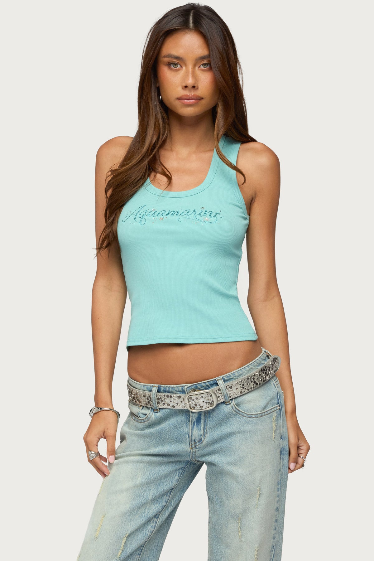 Aquaramine Rhinestone Ribbed Tank Top