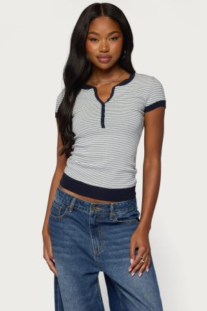 Regin Striped Ribbed Henley Top